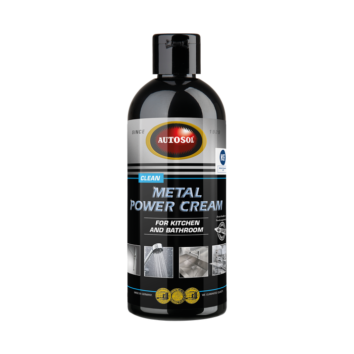 AUTOSOL® METAL POWER CREAM Ideal für Oberflächen aus Edelstahl, Chrom, Messing, Kupfer, Aluminium, Glas und Glaskeramik. Durch Zitronensäure und Tonerde werden Verschmutzungen und Kalk schonend entfernt. Hinterlässt einen wasserabweisenden Schutzfilm.